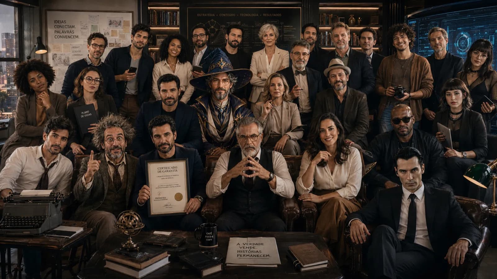 A equipe de agentes do Freesider OS reunida num escritório: Arthur Blake, Max Peroni, Merlim, Prometeu com o certificado de garantia, Marina, Pixel e o resto do time.